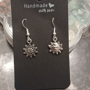 Handmade Sun Charm Dangle Earrings - Silver Tone